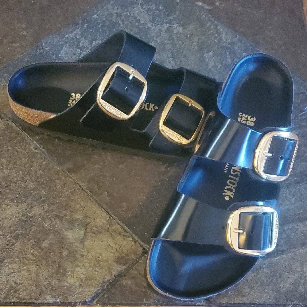 Birkenstock Black Sandals with Gold Buckles